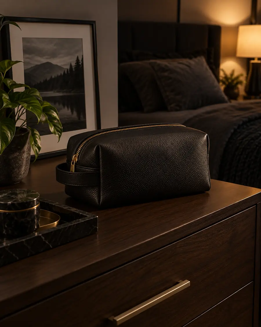 Bolso negro de cuero cerrado sobre una cómoda oscura en un dormitorio, usado como ejemplo de almacenamiento íntimo discreto.