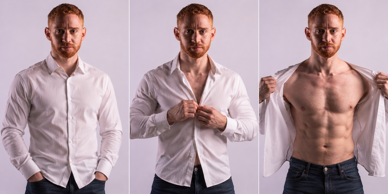 Editorial triptych of a man in a white shirt in three stages, from buttoned to open.
