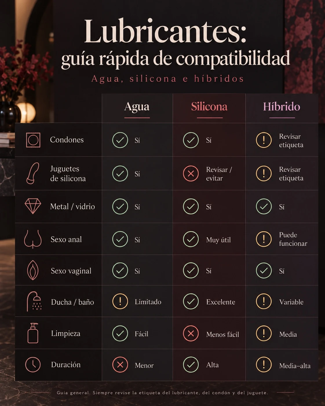Tabla comparativa de lubricantes de agua, silicona e híbridos según compatibilidad con condones, juguetes, sexo anal y vaginal, ducha, limpieza y duración.