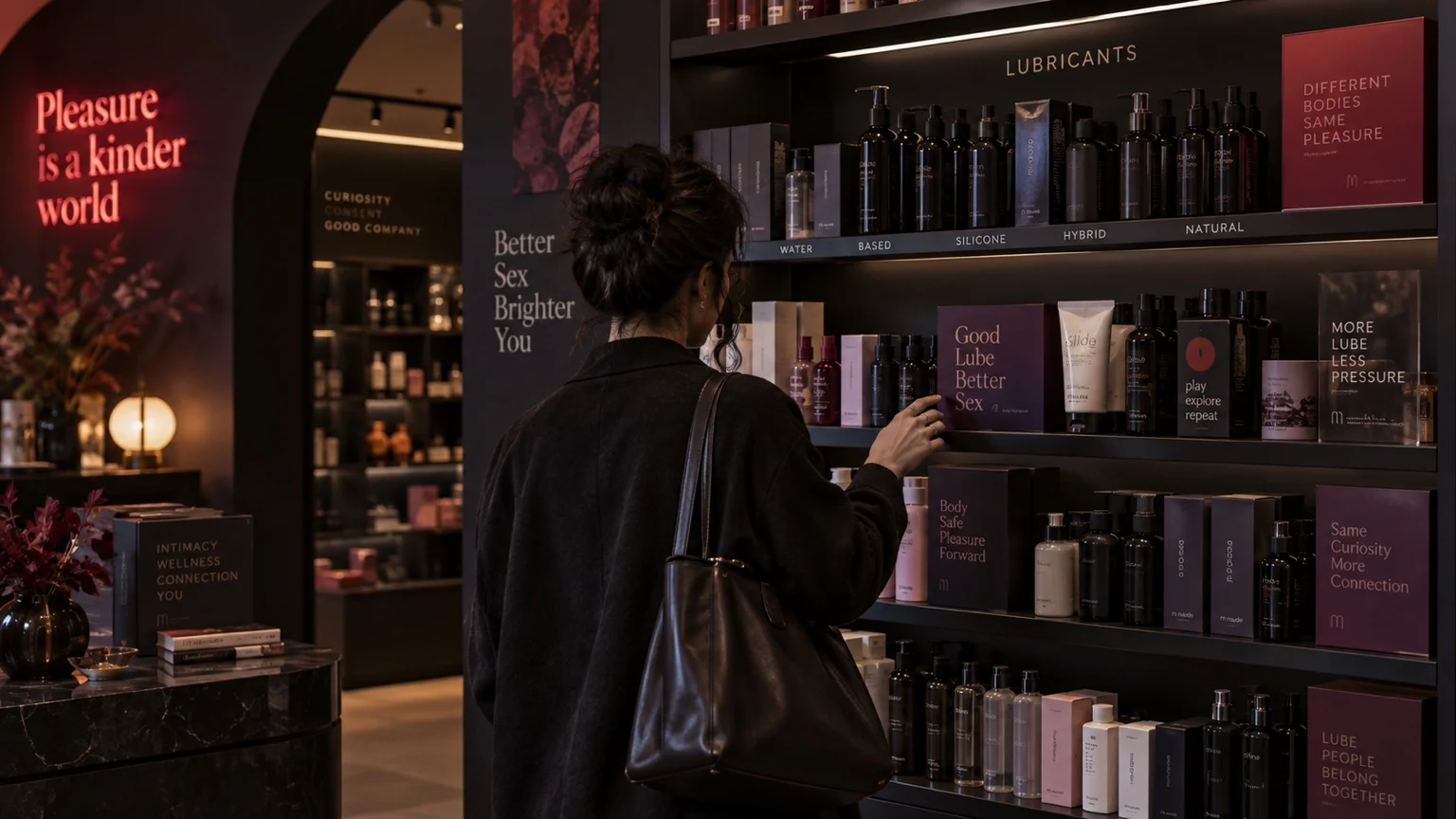 Persona observando una amplia selección de lubricantes en las estanterías de una tienda especializada en bienestar sexual.