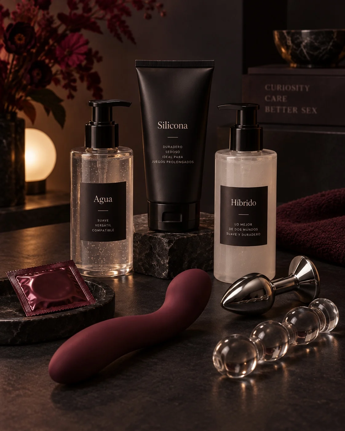 Tres lubricantes identificados como agua, silicona e híbrido junto a un condón y juguetes de silicona, metal y vidrio.
