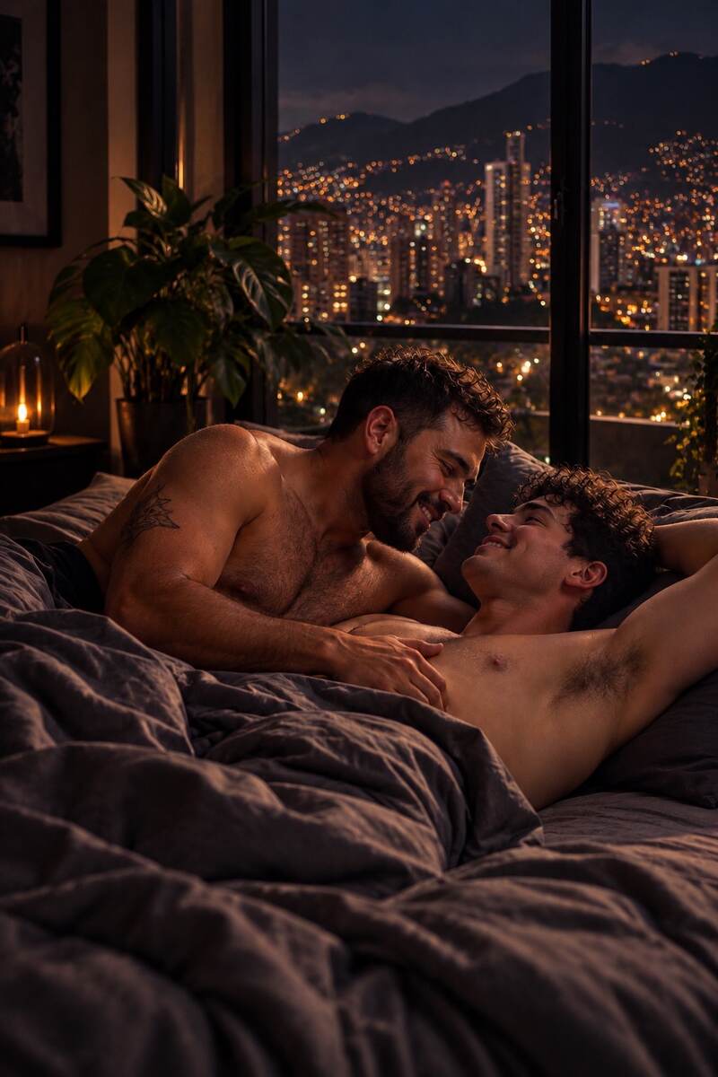 Dois homens sem camisa, deitados na cama, olham um para o outro com carinho em um quarto escuro com vista noturna da cidade.